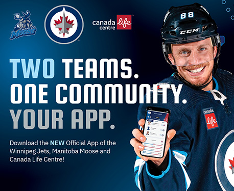 Jets player holding a phone which shows the Winnipeg Jets app. Two Teams. One Community. One app.